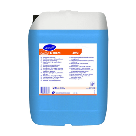 El bidón azul y blanco con la inscripción «Clax Elegant 30A1» de Diversey Deutschland GmbH & Co. OHG es un detergente líquido enzimático para lavanderías industriales, adecuado para tejidos delicados. El envase de 20 litros incluye información detallada sobre el producto, instrucciones de uso y un código de barras en la parte inferior.