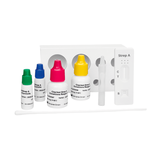 On a white surface lies the Cleartest Strep-A cassette test kit from Servoprax GmbH, which contains four colored solution vials, a cassette test labeled “Strep A,” a swab, and a test tube. This comprehensive kit provides accurate results for testing for Group A streptococci from the comfort of your own home.