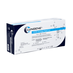 Una caja de 25 unidades de la prueba rápida de antígenos Clungene AT079/20, aislada sobre un fondo blanco, con información del producto y logotipos.