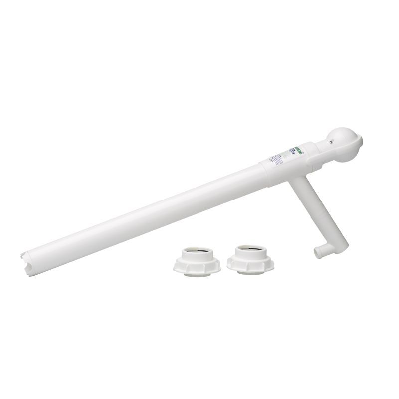 La bomba Diversey para bidones de 5L y 20L, ideal para trasvasar, cuenta con un cilindro largo, una parte lateral en ángulo y dos accesorios redondos a juego, todos mostrados sobre un fondo blanco. Paquete: 1 pieza.