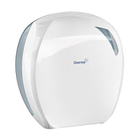 The Mini Jumbo Toilet Paper Holder from Diversey Deutschland GmbH & Co. OHG, made of white/transparent plastic (296x277x135 mm), is ideal for public restrooms and compatible with Mini jumbo toilet paper rolls, such as 7518251.