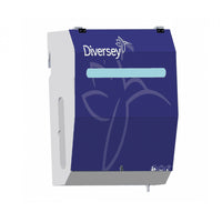 The DF10M (IoC) 3-Pump Add-On Unit from Diversey Deutschland GmbH & Co. OHG is a blue-and-white, wall-mounted dispenser with a display window and dispensing system, ideal for laundries and compatible with the D1229932 for up to 3 products.