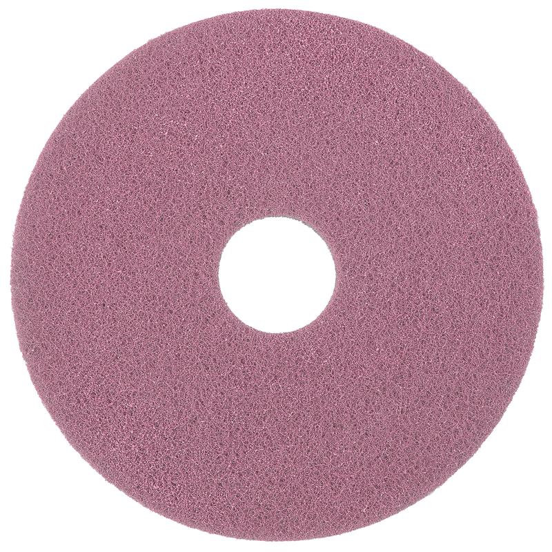 Ein rundes, pinkfarbenes Diversey Twister Pad Pink für Vinylböden von Diversey Deutschland GmbH & Co. OHG mit strukturierter Oberfläche und zentralem Loch, konzipiert für Vinylböden, von oben gesehen auf weißem Hintergrund.