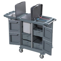 The DI PROTECT TROLLEY GROSS from Diversey Deutschland GmbH & Co. OHG is a large, enclosed cart (1 unit) with multiple shelves, two lidded bins, a central bag compartment, and four wheels for safe mobility during daily cleaning tasks.
