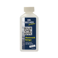 A 250-ml bottle DR.BECHER @home CERAN Glass-Ceramic Cooktop Cleaner Dr. Becher GmbH, with a blue label and QR code. This cleaner is powerful, effective, and free of microplastics—designed for CERAN cooktops.