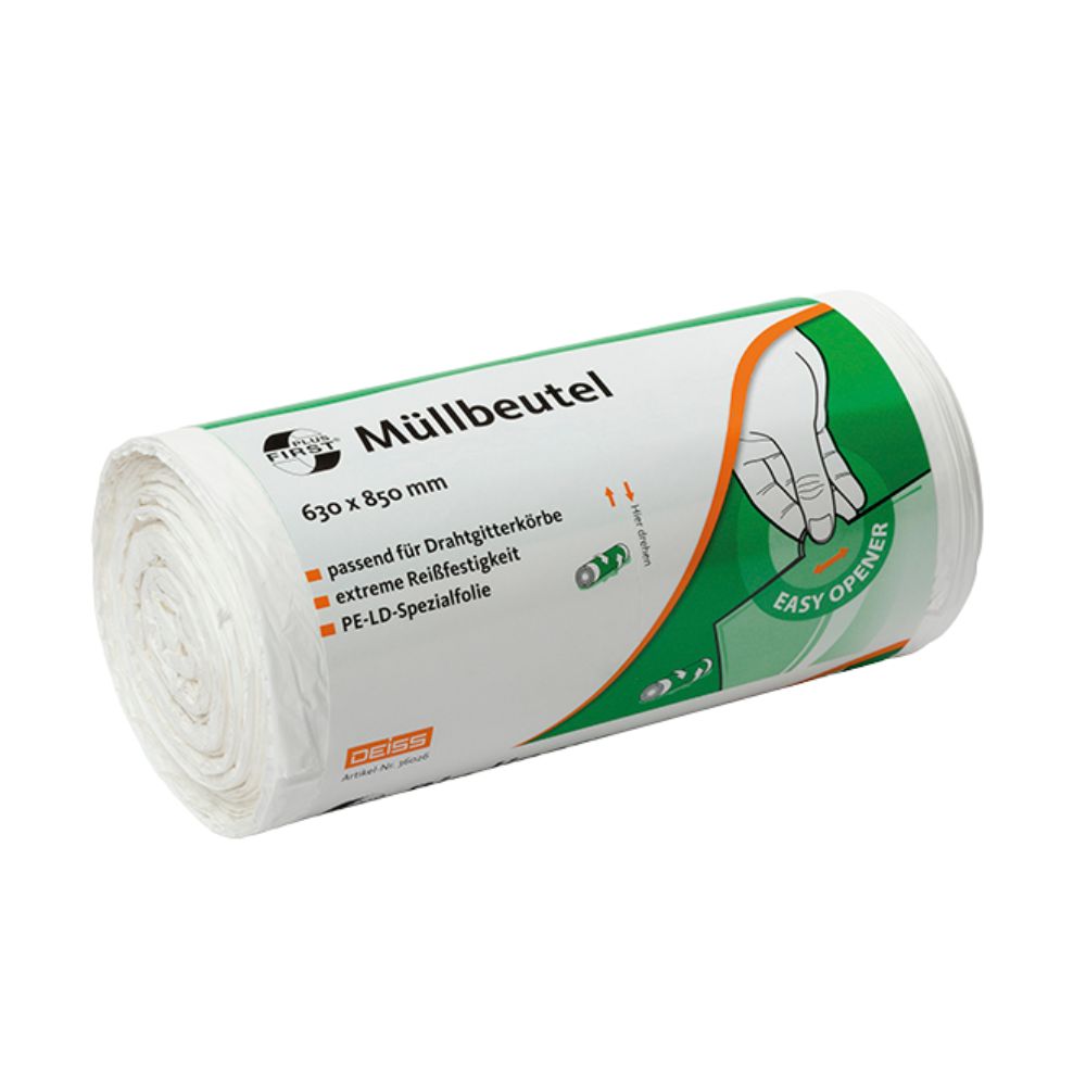 En rull med 80-liters DEISS First Plus® søppelposer, produsert av EMIL DEISS KG (GmbH + Co.), med grønn-oransje etikettering. Premium-LDPE-emballasjen har målene 630 x 850 mm og fremhever egenskaper som "ekstrem rivestyrke" og "lett å åpne".