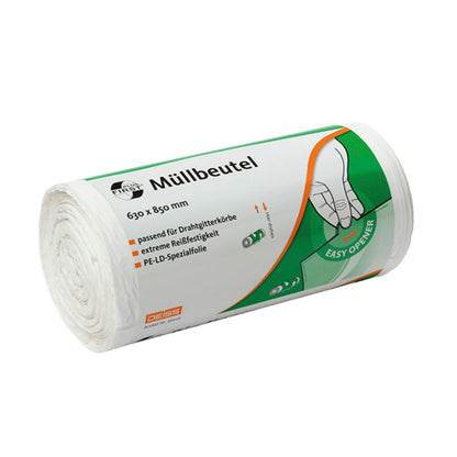 En rull med 80-liters DEISS First Plus® søppelposer, produsert av EMIL DEISS KG (GmbH + Co.), med grønn-oransje etikettering. Premium-LDPE-emballasjen har målene 630 x 850 mm og fremhever egenskaper som "ekstrem rivestyrke" og "lett å åpne".
