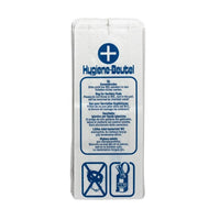 The DEISS Hygiene Bag 07146, a white disposal bag manufactured by EMIL DEISS KG (GmbH + Co.), is made of recycled paper and features blue text with a cross symbol at the top. It includes detailed instructions in several languages, including guidelines for women’s restrooms. A graphic at the bottom advises against flushing sanitary pads or diapers down the toilet.