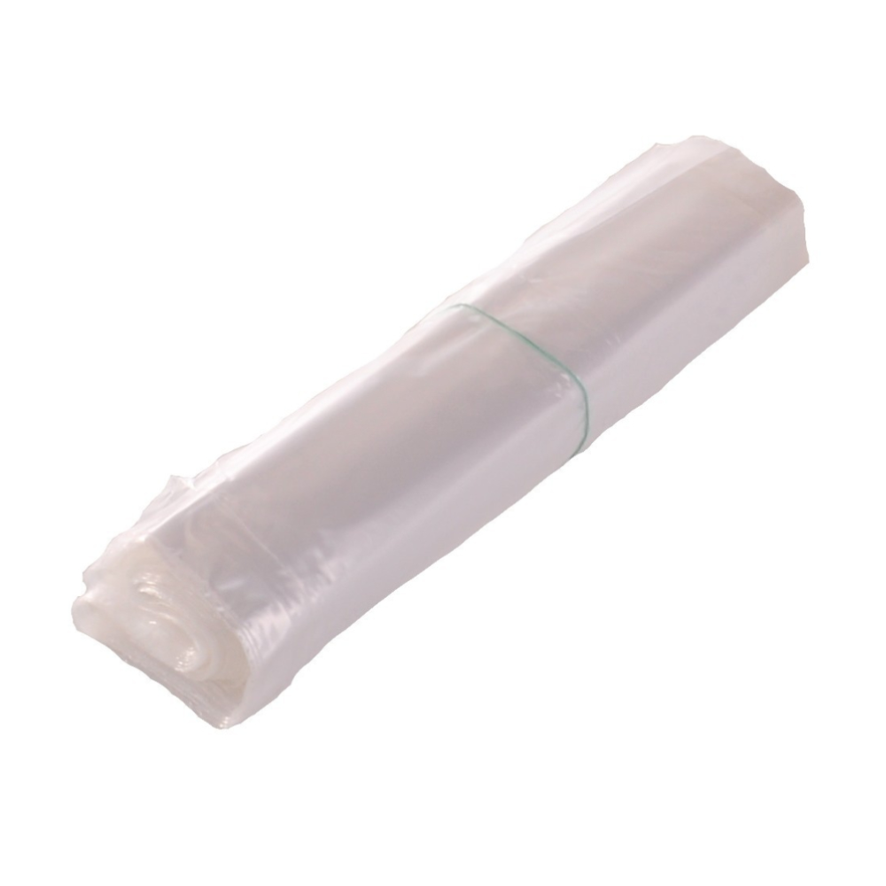 A horizontal roll of the translucent DEISS LDPE garbage bag 39502, 7 liters, by EMIL DEISS KG (GmbH + Co.), fastened with a green rubber band on a white background.