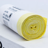 A rolled-up package of DEISS 56874 30-liter trash bags with drawstrings from EMIL DEISS KG (GmbH + Co.), featuring yellow and white plastic trash bags on a white background. The label on the roll measures 500 x 600 mm and indicates that it contains 40 bags, each with a capacity of 30 liters.