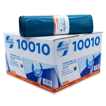 A large white box with blue text and graphics, labeled "DEISS Premium Plus® Type-100 Trash Bags 10010," contains blue trash bags from the brand EMIL DEISS KG (GmbH + Co.) Trash Bag. On top of the box, there is an image of a rolled-up trash bag. The packaging highlights its dimensions "700 x 1100 mm, blue, 250 pieces" and "Made in Germany," emphasizing its climate-neutral properties.
