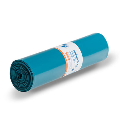 A roll of DEISS Premium Plus® Type-100 Trash Bags 10010 in blue, made from climate-neutral recycled material, is equipped with a white-orange label. The 120-liter bags from EMIL DEISS KG (GmbH + Co.) lie horizontally on a white background, offering both durability and environmental friendliness.