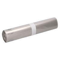 A roll of DEISS LDPE trash bags with a capacity of 120 liters, in a translucent, cloudy silver color, wrapped in the middle with a white paper band from EMIL DEISS KG (GmbH + Co.).