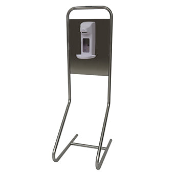 Das Novocal Desinfektionsinsel "Desi" Standmodell hat einen Edelstahlrahmen, einen rechteckigen Sockel (385 x 56 mm) und einen eingebauten weißen Handdesinfektionsmittelspender, der auf einer dunklen Platte montiert ist. Marke: Novocal. Packung: 1 Stück.