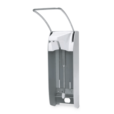 The Dr. Schumacher wall dispenser AK 500 Plus long is a wall-mounted dispenser made of stainless steel with an upper lever for operation with the elbow and an empty compartment for your disinfectant bottle.