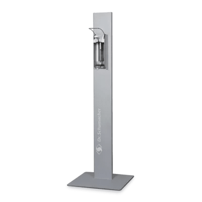 The Dr. Schumacher Desipoint | Piece (1 piece) from Dr. Schumacher GmbH is a tall, rectangular hand sanitizer dispenser with a metallic finish on a flat, square base, ideal for hygienic disinfectants and surface cleaning on a plain white background.