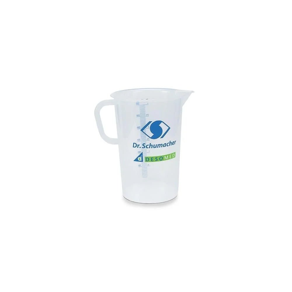The Dr. Schumacher measuring cup (1 piece) from Dr. Schumacher GmbH is a transparent plastic measuring cup with a handle, spout, blue measuring mark, green front part and is excellent for dosing liquids.
