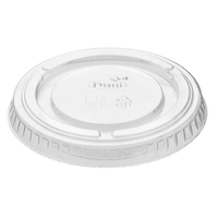 A clear, transparent lid from Duni GmbH features ridged edges and embossed symbols for recycling and disposal on its surface. It is specifically designed for a 60-ml container, which is commonly used in the foodservice industry for storing or taking food to go.