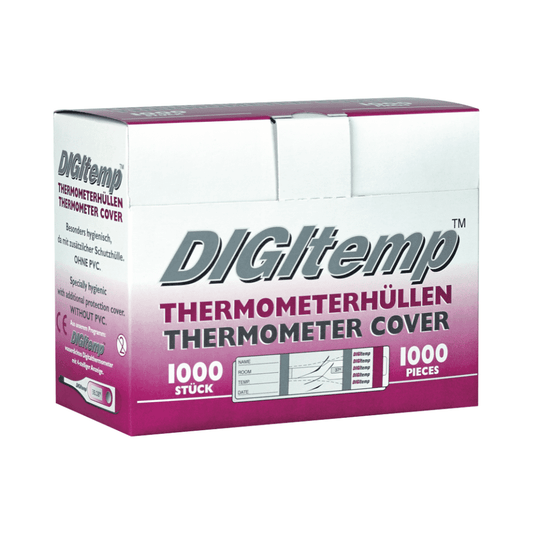 A box of Digitemp thermometer covers with lubricant—1,000 pieces from Servoprax GmbH, labeled “THERMOMETER COVERS”—contains 1,000 hygienic covers for digital thermometers. The vibrant packaging transitions from white to purple and, made with PVC-free materials, ensures a clean and safe experience.