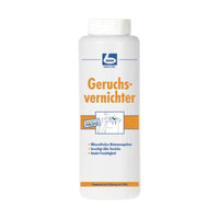 A white container with the German inscription “Dr. Becher "Odor Eliminator" from the Dr. Becher GmbH, with text and symbols indicating that it is a mineral-based odor-eliminating powder that also absorbs moisture.