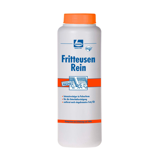 Una botella de plástico blanca con tapa naranja con la inscripción "Dr. Becher Fritteusen Rei, Pulver" de Dr. Becher GmbH con gráfico azul-naranja como limpiador profesional en polvo para freidoras, diseñado para eliminar grasa incrustada.