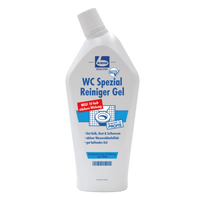 Una botella de plástico blanca Dr. Becher Gel limpiador especial para inodoros de Dr. Becher Sociedad de responsabilidad limitada con tapón inclinado y una etiqueta con texto en azul y rojo que destaca su limpieza higiénica y su mayor eficacia para uso profesional, incluida la función «eliminación de cal», que subraya la ingeniería alemana del producto.