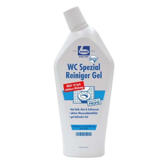 Eine weiße Plastikflasche Dr. Becher WC Spezial Reiniger Gel von Dr. Becher GmbH mit schrägem Verschluss und einem Etikett mit blauem und rotem Text, der für hygienische Sauberkeit und erhöhte Wirksamkeit für den professionellen Einsatz wirbt, einschließlich der Funktion „Kalk entfernen“, die die deutsche Ingenieurskunst des Produkts unterstreicht.