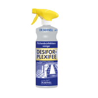 Un pulverizador azul y blanco con el gatillo amarillo, en el que se lee «Dr. Schnell Desifor PlexiFee, desinfectante de superficies «con efecto virucida limitado PLUS» de DR.SCHNELL GmbH & Co. KGaA, con un diseño geométrico para la desinfección de superficies.