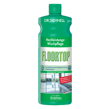 På en hvit bakgrunn står en grønn flaske Dr. Schnell's Floortop, gulvrengjøringskonsentrat, produsert av DR.SCHNELL GmbH & Co. KGaA. Etiketten fremhever dens høye ytelse som en miljøvennlig gulvrengjøring med mintduft, ideell for vannbestandige gulvbelegg.