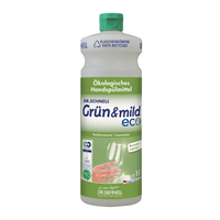 Dr. Schnell GRÜN & MILD ECO, a high-yield, eco-friendly hand dish soap, is available in a white-and-green plastic bottle. The label shows a hand washing a wine glass and features German text highlighting the product’s eco-friendly benefits and skin-friendly properties. The bottle, manufactured by DR.SCHNELL GmbH & Co. KGaA, has a green cap with HACCP certification.