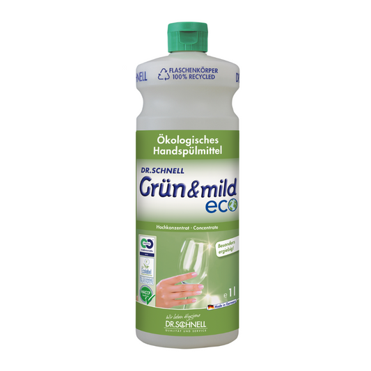 Eine 1-Liter-Flasche Dr. Schnell GRÜN & MILD ECO ergiebiges ökologisches Handspülmittel von Dr. Schnell. Das grün-weiße Etikett mit deutschem Text und Bildern einer Hand, die ein Weinglas wäscht, unterstreicht seine umweltfreundlichen Eigenschaften. Die Flasche besteht zu 100 % aus recyceltem Kunststoff.