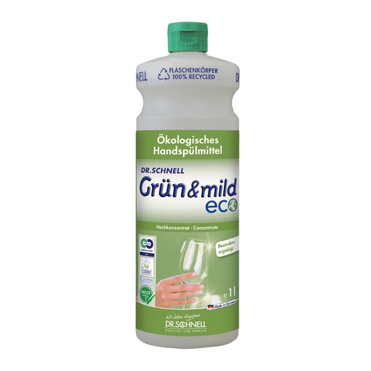 Dr. Schnell El detergente ecológico para lavar a mano GRÜN & MILD ECO, de gran rendimiento, se presenta en una botella de plástico de color blanco y verde. La etiqueta muestra una mano lavando una copa de vino y un texto en alemán que destaca las ventajas ecológicas y las propiedades respetuosas con la piel. La botella, fabricada por DR.SCHNELL GmbH & Co. KGaA, cuenta con un tapón verde con certificación HACCP.