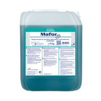 A 10-kg container Dr. Schnell MAFOR S Acidic Rinse Aid for commercial dishwashers from DR.SCHNELL GmbH & Co. KGaA contains a blue-green solution that is visible through the translucent packaging. The label includes product information and instructions for use in German and proudly displays the EU Ecolabel, which confirms its environmentally friendly properties.