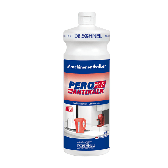 El Dr. Schnell El descalcificador para electrodomésticos PERO ANTIKALK, una botella de 1 litro de la empresa DR.SCHNELL GmbH & Co. KGaA, muestra en su etiqueta imágenes de un hervidor de agua rojo y un fregadero de cocina. Este descalcificador concentrado mantiene eficazmente sus cafeteras y hervidores de agua en perfecto estado.
