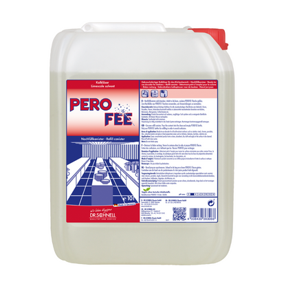 Ein großer weißer Plastikbehälter mit rotem Deckel trägt die Aufschrift „Dr. Schnell PeroFee Kalklöser, gebrauchsfertig“, ist mit deutschem Text und einem Bild eines stilisierten Badezimmers mit Waschbecken und Spiegeln versehen und eignet sich daher ideal für säurebeständige Oberflächen. Der von DR.SCHNELL GmbH & Co. KGaA hergestellte 10-Liter-Behälter ist für die Aufnahme von Reinigungslösungen konzipiert.