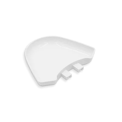 A white, curved plastic drip tray for wall dispensers from Dr. Schumacher GmbH with two small rectangular notches on one side, depicted on a simple light background.