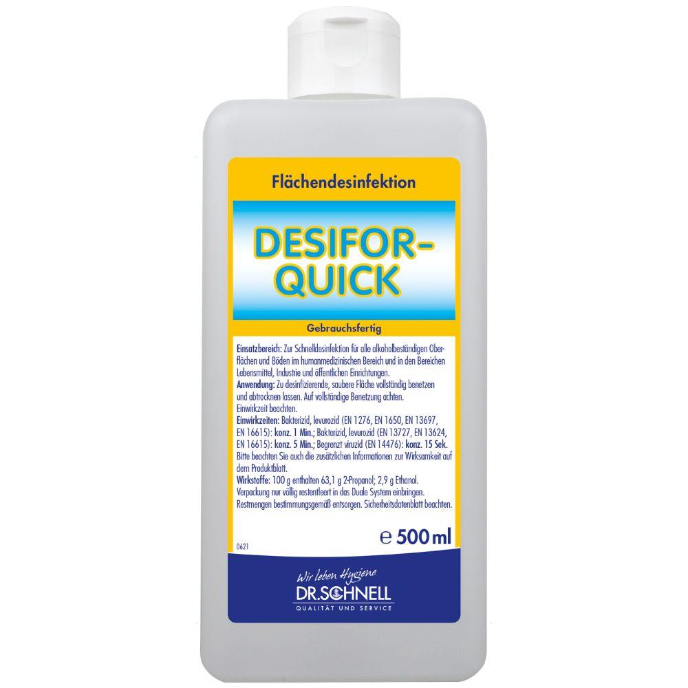 Eine 500-ml-Flasche Dr. Schnell DESIFOR-QUICK Flächendesinfektion der DR.SCHNELL GmbH & Co. KGaA, mit weißem Verschluss und gelb-blauem Etikett in deutscher Sprache, ideal für hygienisch sensible Umgebungen.