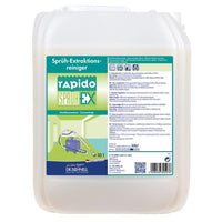A white 10-liter plastic container with a handle and screw-on lid from Dr. Schnell RAPIDO SPRÜH-EX for carpets and upholstery by DR.SCHNELL GmbH & Co. KGaA, with a German label containing instructions for use.