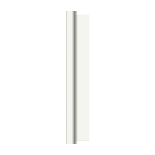 Una barra metálica vertical y esbelta, con una pequeña base redonda de color blanco, se presenta como una decoración de mesa de alta calidad para los rollos de manteles Dunicel de Duni, de 1,18 m x 40 m, de Duni GmbH. Se ha colocado en el centro, sobre un sencillo fondo blanco, lo que resalta su diseño minimalista y versátil.