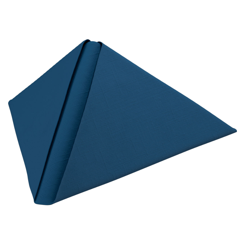 A triangular presentation stand with a blue cover, designed for displaying items in retail or exhibitions and complemented by Dunilin® napkins from Duni GmbH for an elegant touch.