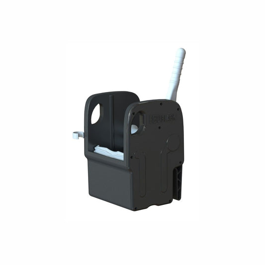 Die Arcora Ecoblack Kunststoffpresse, eine schwarz-graue manuelle Wischmopppresse der Arcora International GmbH (255 x 240 x 340 mm), ist für die gewerbliche Reinigung und ein effektives Abfallmanagement konzipiert, hier vor weißem Hintergrund.