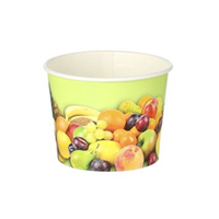 Un vaso de cartón de color verde claro de la colección «Frutas» de Starpak, con un diseño impreso en el que aparecen diversas frutas, como uvas, naranjas y ciruelas. Este vaso de cartón redondo, con una capacidad de 100 ml, un diámetro de 7 cm y una altura de 5,3 cm, es ideal para servir alimentos o bebidas.