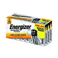 En la imagen se muestra una caja empaquetada de pilas Energizer Alkaline Power Micro AAA, paquete económico | Paquete (24 unidades) de Energizer Deutschland GmbH. En la parte delantera de la caja aparece una imagen junto con los textos «Energizer», «Long Lasting Power» y «Maxi Pack». Además, en el embalaje figura la indicación «7 años de vida útil» y contiene 24 pilas de larga duración.