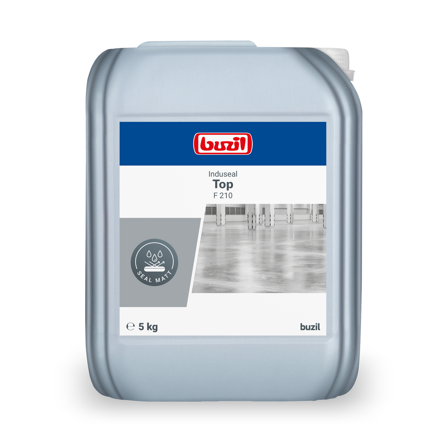 A 5 kg Kanister Induseal Top Versiegelung farblos-hellgelb von BUZIL-WERK Wagner GmbH & Co. KG mit blau-grauem Etikett - ideal als langlebige Versiegelungslösung.