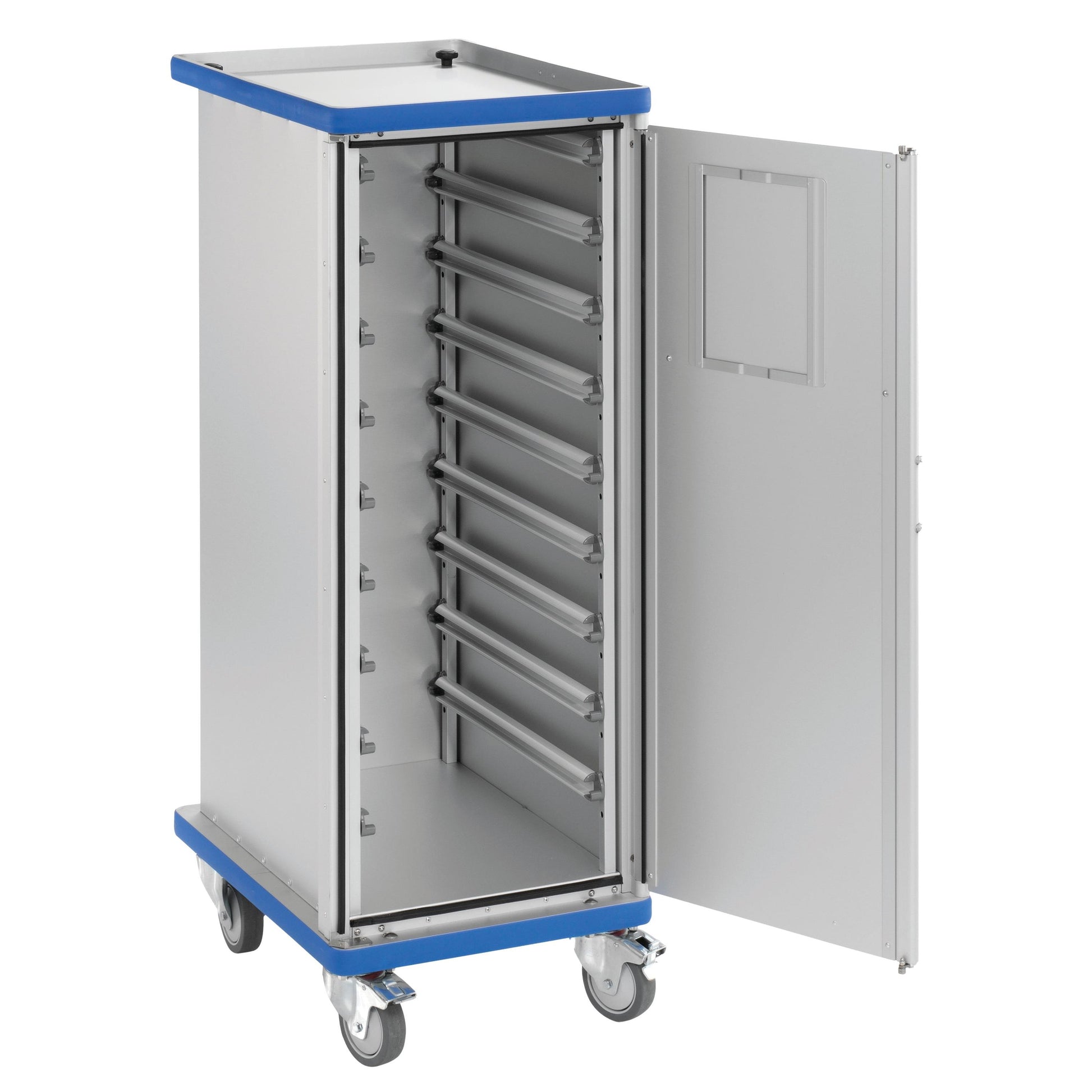 Der Novocal Geschlossener Modulwagen verfügt über zwei Türen mit Riegelschlössern, eine robuste Konstruktion aus eloxiertem Aluminium und ist ideal für die sichere und effiziente Lagerung oder den Transport.