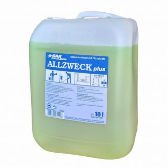 Un contenedor transparente de 10L de Abena Re-Seller GmbH GastroPower Limpiador multiusos, incoloro e inodoro, con asa incorporada. La etiqueta alemana muestra "ALLZWECK plus" e instrucciones de uso - ideal para las necesidades de limpieza en la gastronomía.
