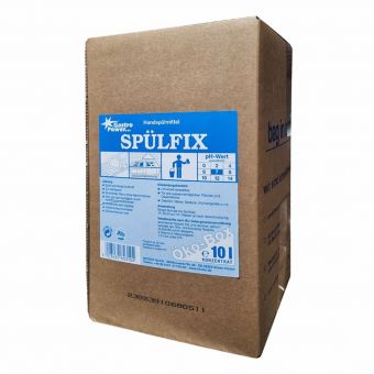 En brun pappeske med påskriften "GastroPower Spülfix Øko-Box, 10 l" fra Abena Re-Seller GmbH med blå-hvit instruksjon, faresymboler og en 10-liters markering; dette biologisk nedbrytbare oppvaskmiddelet er miljøvennlig.