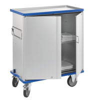The Novocal cabinet cart is an aluminum cart with a blue trim strip, 270°-swivel doors, side handles, and four swivel casters—one door can be partially opened, revealing folded white laundry on the interior shelf.