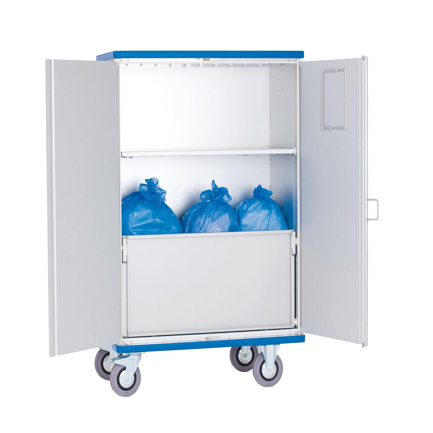 Der Novocal Schrankwagen aus eloxiertem Aluminium mit 270° schwenkbaren Flügeltüren und Mittelablage bietet organisierte Aufbewahrung und Transport. Vier graue Rollen und ein blauer Deckel runden den praktischen Profi-Schrankwagen ab.