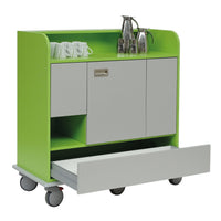 A modern Novocal beverage cart in green and white, featuring a solid plastic top, an open drawer, storage compartments, white cups, silver pitchers on top, wheels for mobility, and a sturdy Novocal chassis.